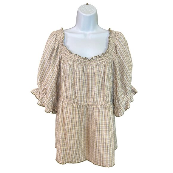 Old Navy Womens Smocked Peasant Top XL Beige Plaid Ruffled Sleeves Y2K Boho - Picture 1 of 5